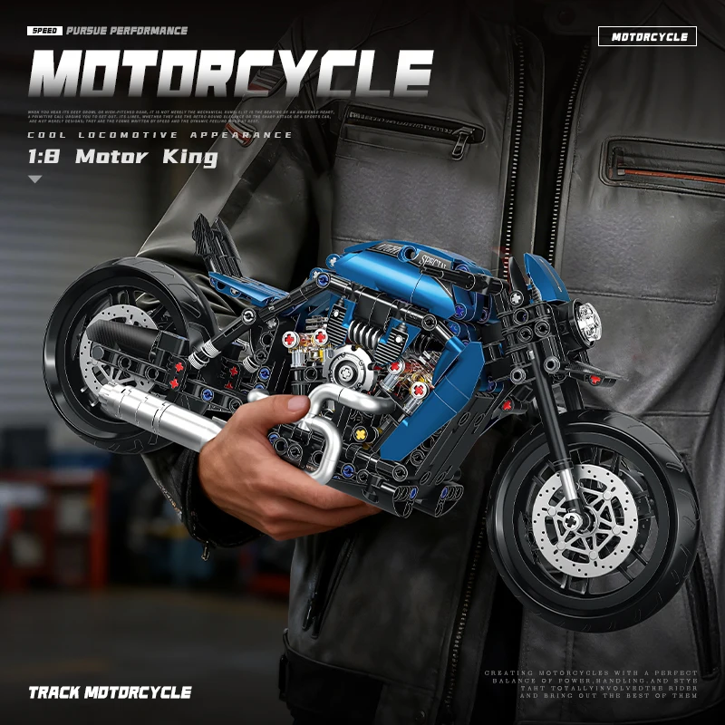 

Blue Motorcycle Building Blocks Set, Realistic Mechanical Motorbike Model Kit with Chain Drive, STEM Construction Toy for Kids T