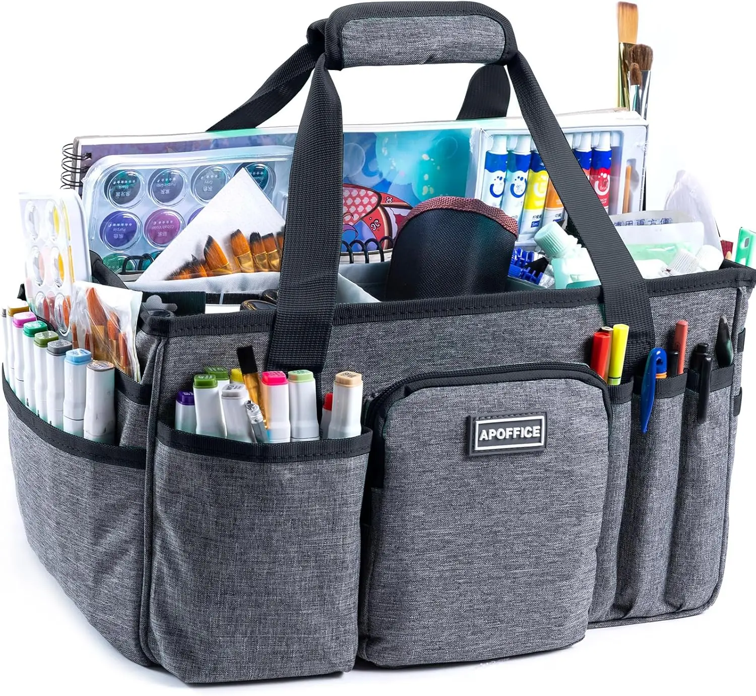 

Craft Caddy with Handle, Utility Storage Tote with Multiple Pockets & Adjustable Divider（Grey-Black-Large-14.5"）