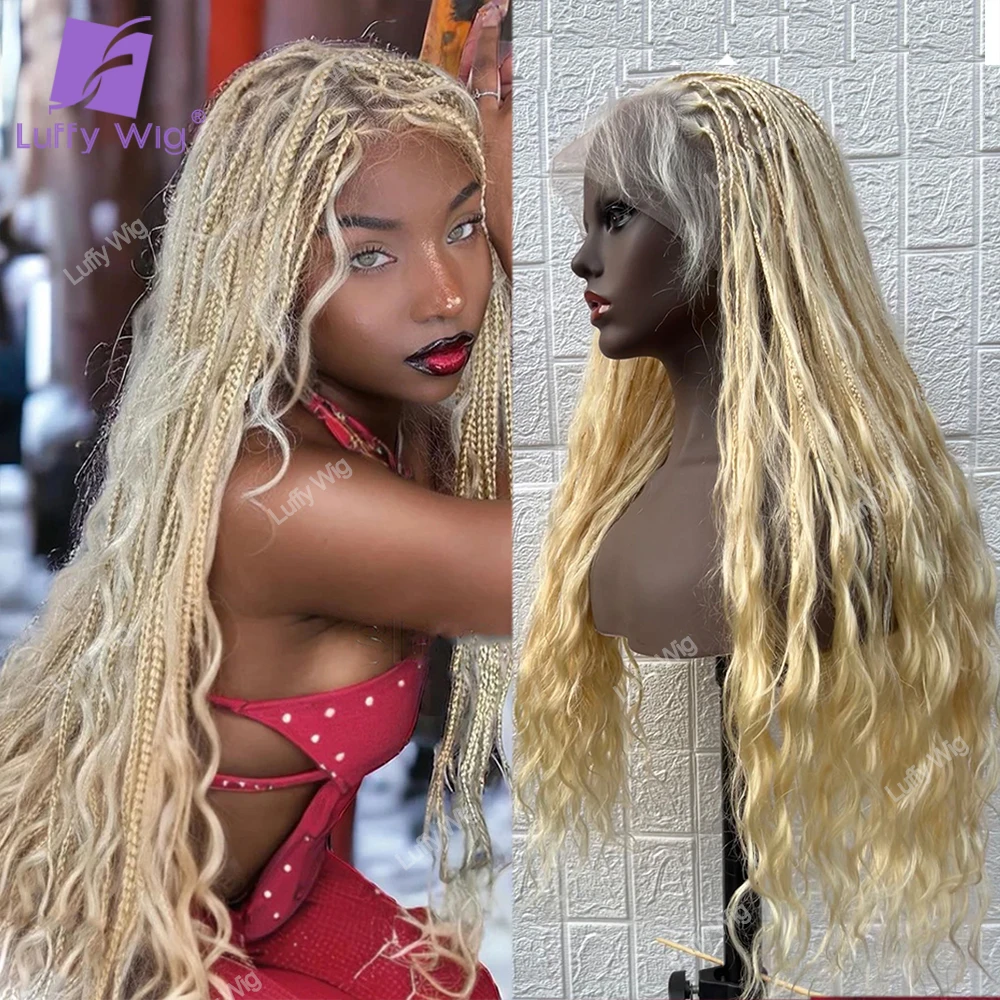 

Blonde Boho Box Braids Wig Human Hair Brazilian Remy Knotless HD Full Lace Wigs Pre Braided High 300 Density Wig Glueless