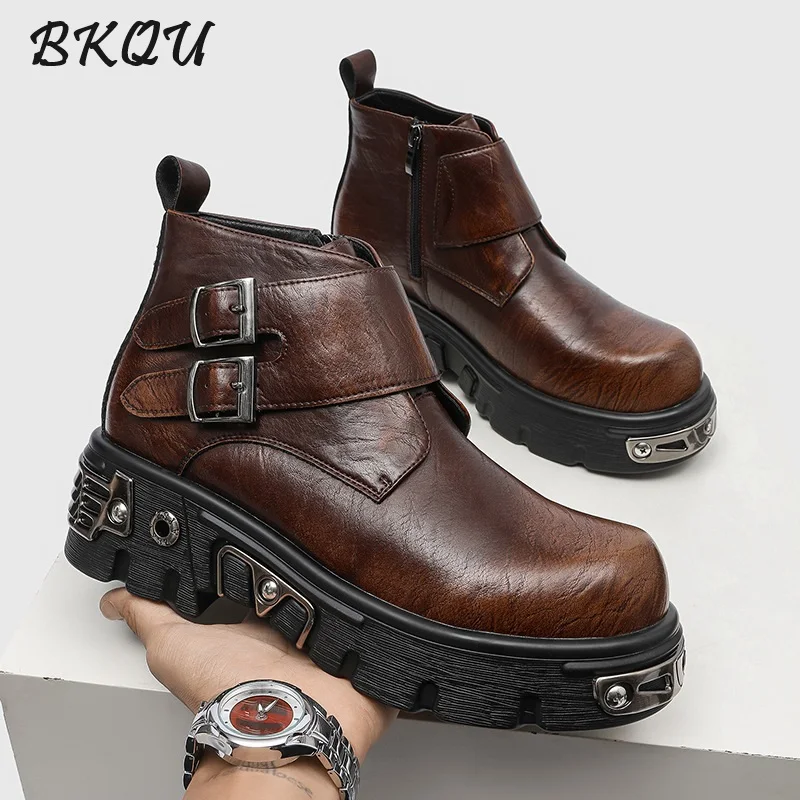 

BKQU American Retro Weathered Rock Boot for Men 2025 Autumn New Style Trendy High Street Punk Style Thick Topped Cavalry Boot