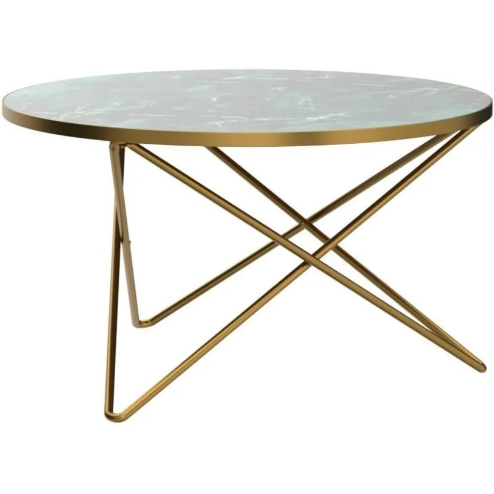 Ronde Salontafel, Groene Imitatie Marmeren Aanrecht, Solide Stabiele Structuur, Prachtige Glazen Aanrecht, Mode Design