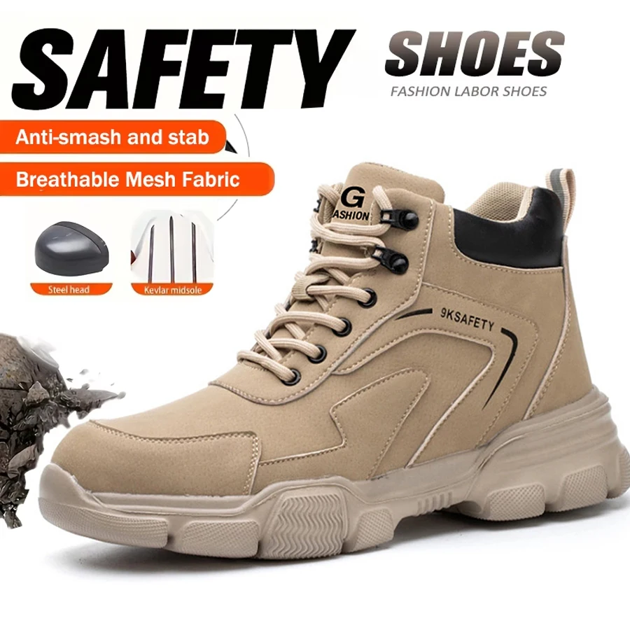 Safety Shoes For Men Steel Toe Anti-Puncture Men's Work Shoes Slip Resistant Reinforced Sole Rotating Button Fashion Sneaker