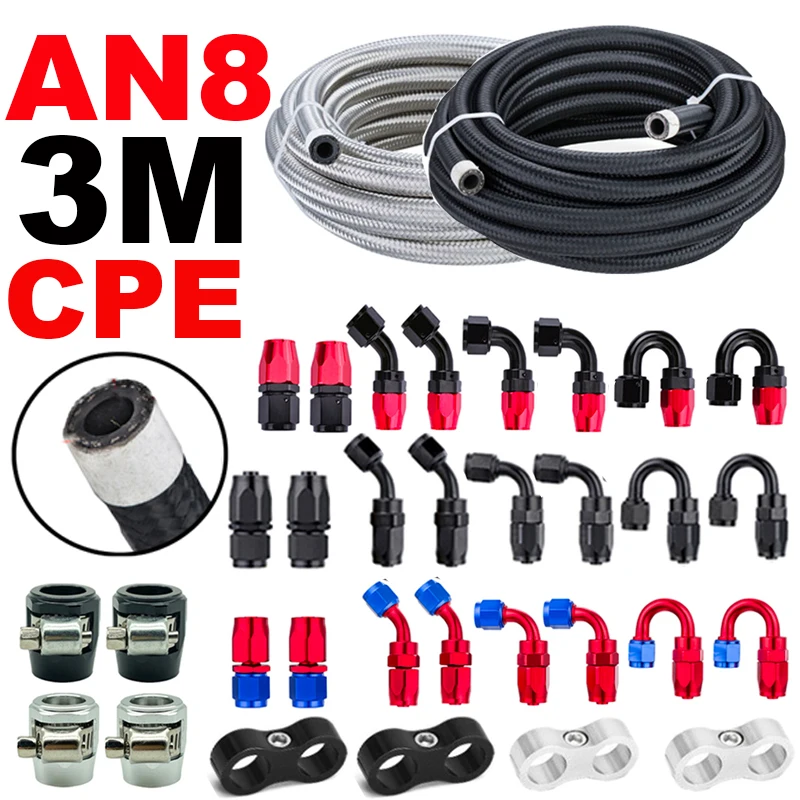 3M/9.84FT AN8 8AN Fuel Hose Oil Gas Cooler Line Brake Pipe Radiator Tube Nylon Stainless Steel CPE Rubber Hose End Fitting Clamp