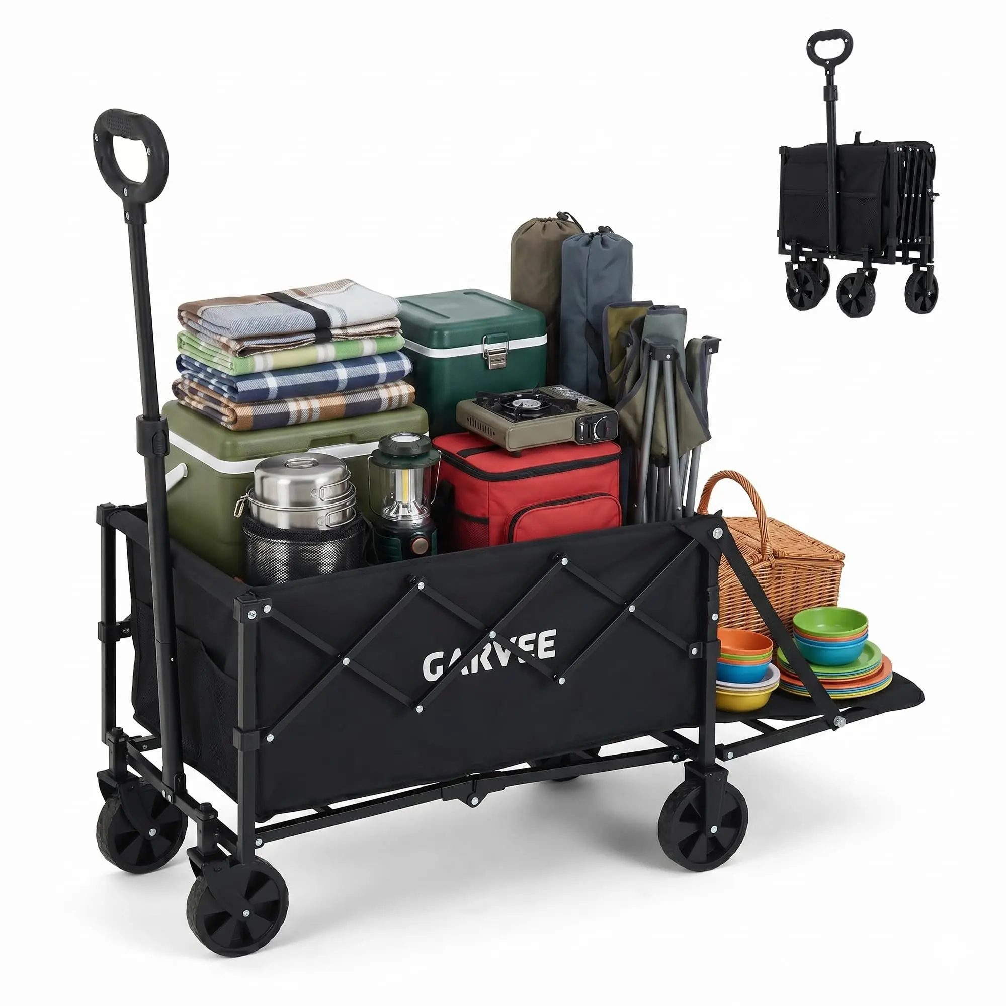 Collapsible Wagon Cart Max 220lb Load & Expandable Storage 120L, Double Bearing Design for Flexible Steering, Foldable Heavy Duty Garden Cart with 2 Cup Holders for Groceries, Garden & Camping