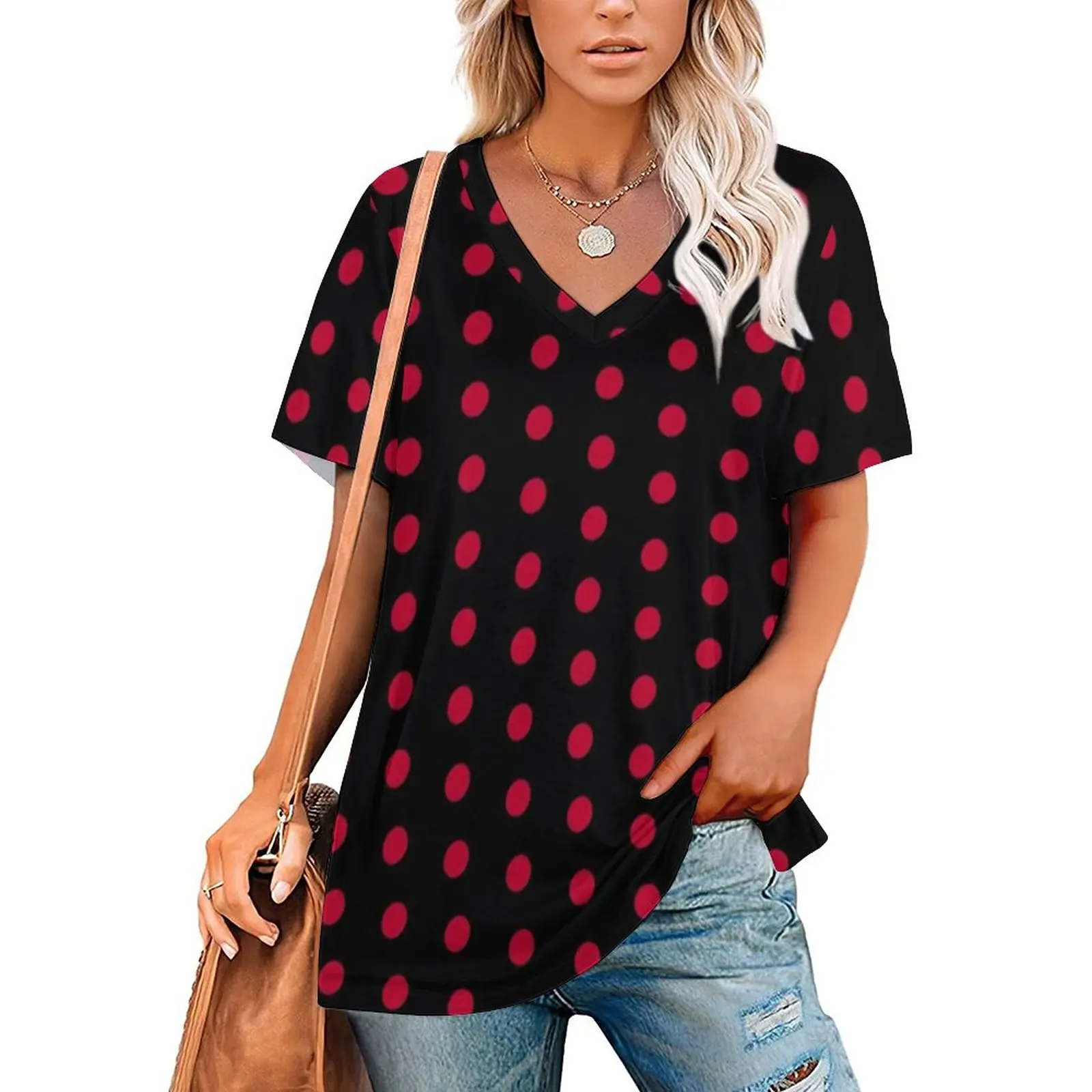 Black with Red Polka Dot T Shirt Dotted 70S Vintage Simple Ladies Street Fashion T-Shirt Oversize Printed V Neck Tee Shirt