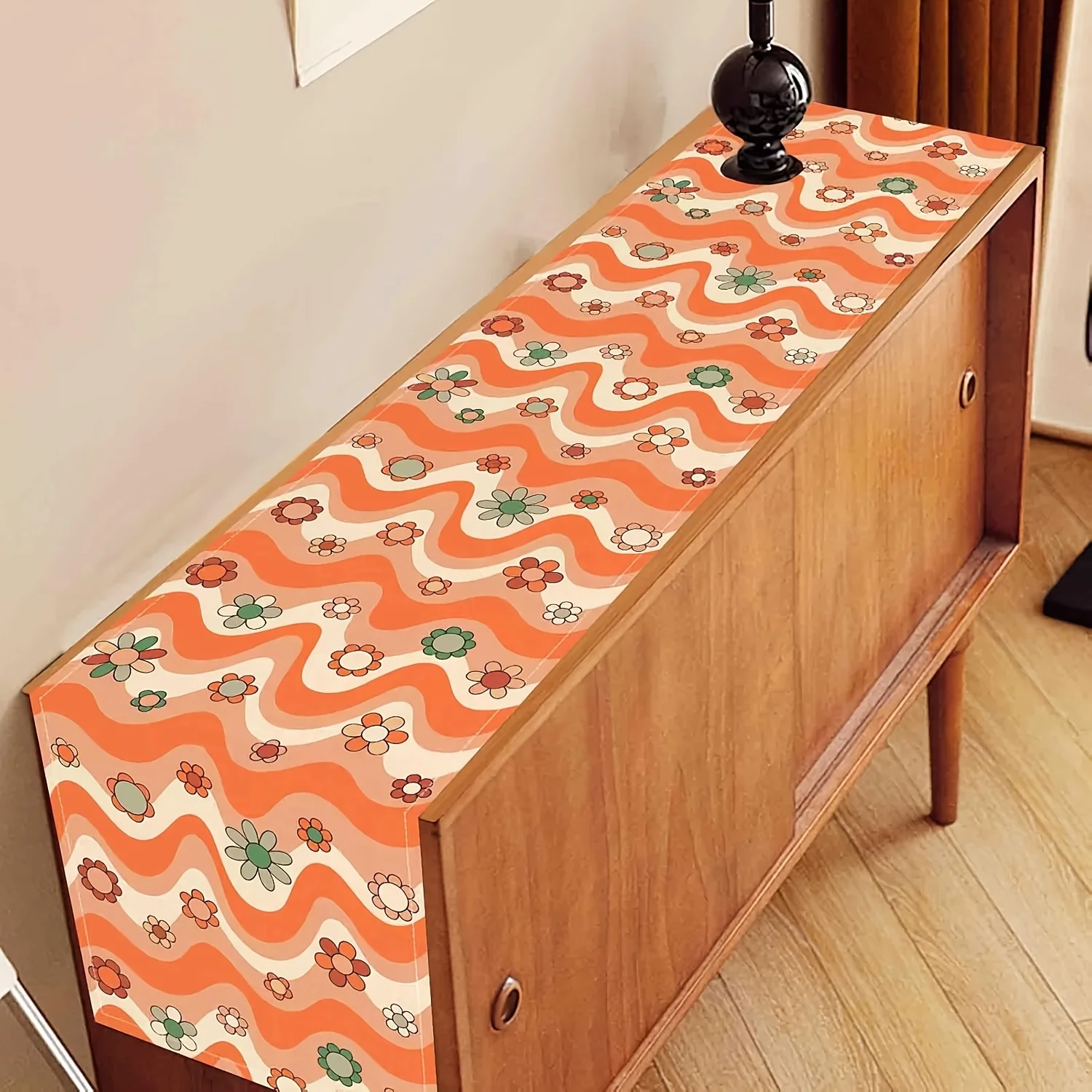 1 Piece of Orange Table Runner with a Combination of Wave and Floral Patterns, Suitable for Farmhouse, Indoor, Kitchen, Celebrations, Table Decoration, Restaurant, and Banquet Decoration Supplies
