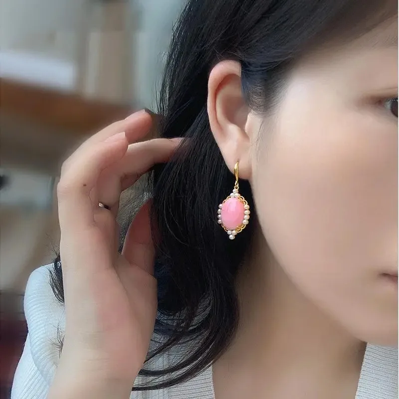 925 Sterling Silver Jewelry Delicate Crystal Pink Stone Pearl Drop Earrings for Women Wedding Party Jewelry for Girl Friend Gift 5