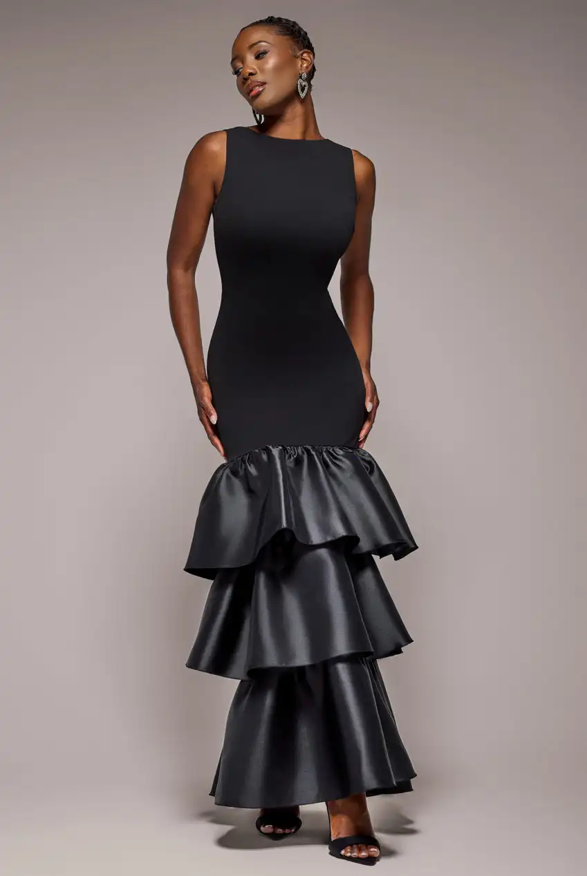 

Customized Modern Style Jersey Tiered Pleat Trumpet High Collar Long Dresses Bespoke Occasion Dresses Exquisite Sizes Available