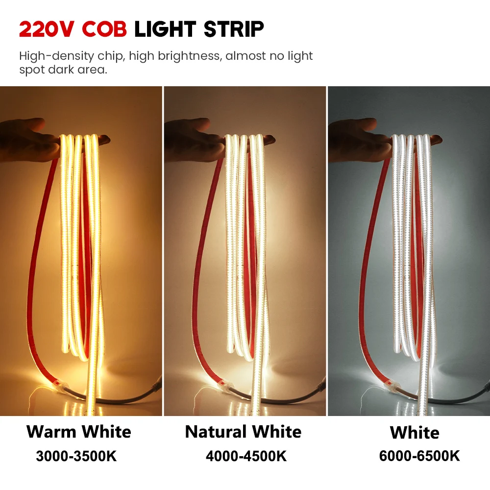 IP67 Waterproof COB LED Strip Lights 220V with Switch EU Plug Adhesive Flexible Ribbon Tape for Home Outdoor Garden Lighting