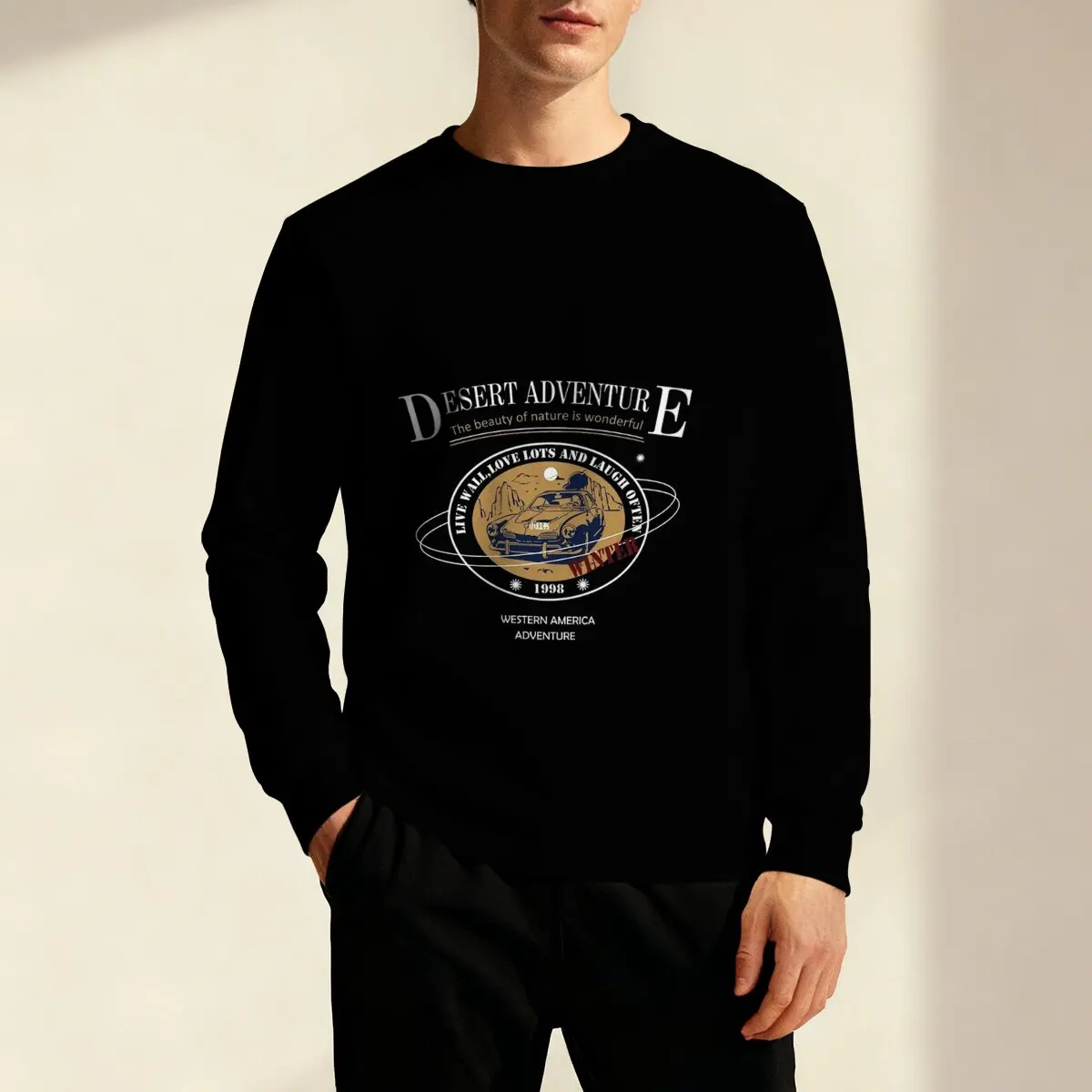 

Мужская толстовка с круглым вырезом в стиле explorer DesertAdventure ThemeRetro, идеально подходит для отдыха на свежем воздухе и индивидуального модного образа