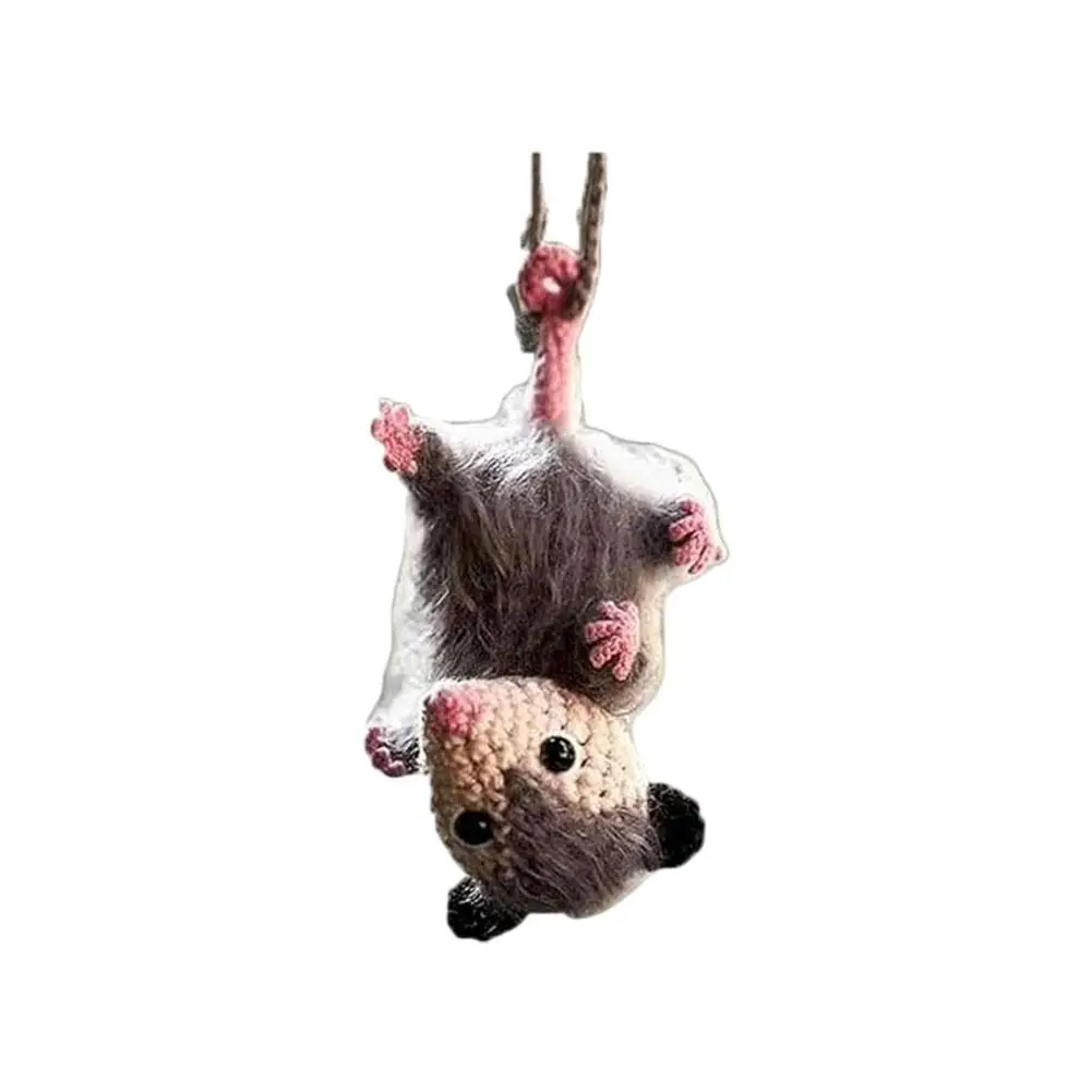 Cute Possum Opossum Car Charm Hand woven Crochet Rearview Mirror Decor Pendant Key Chain Auto Interior Accessories