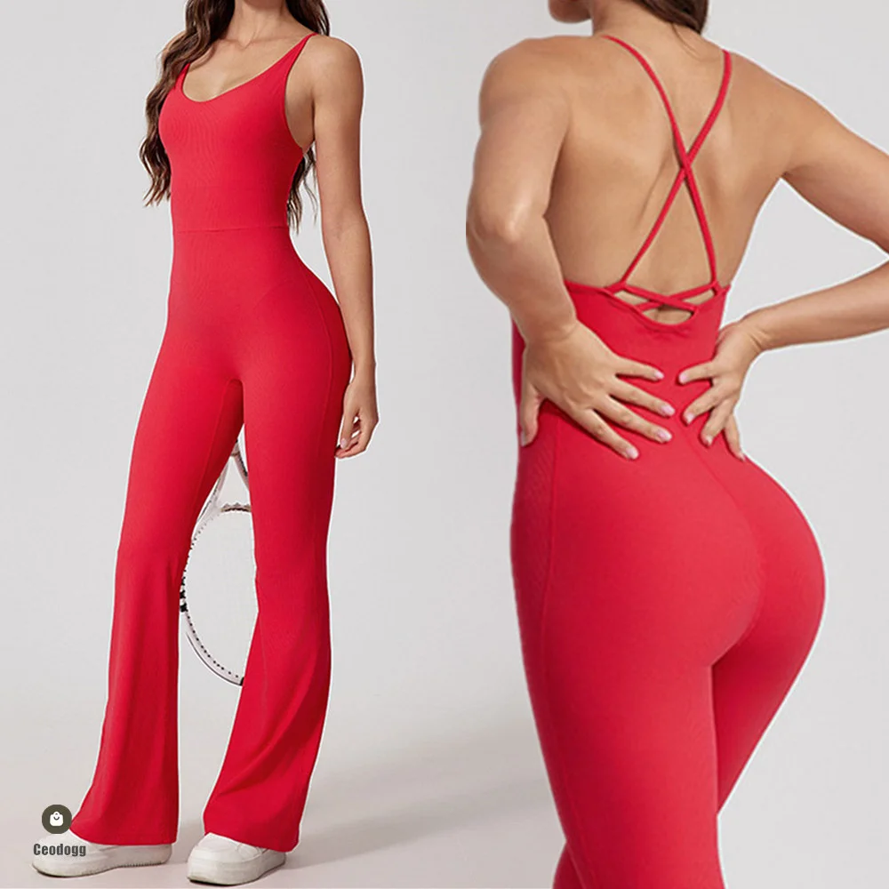 Pad jumpsuit Yoga wanita, jumpsuit satu potong pengencang kebugaran latihan peregangan Legging lebar Bodysuit Gym Push Up pakaian olahraga