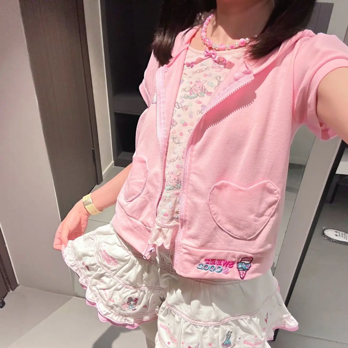 Summer New Sweey Girl Pink Jackets Coat Japanese Cartoon Mp Embroidery Cute Jojifuku Short Sleeves Zipper Hoodie Y2k Top - view 3