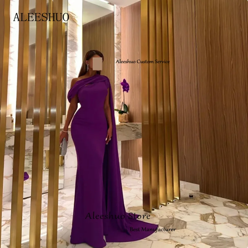 Aleeshuo Saudi Arabic One Shoulder Cape Sleeve Vestidos De Noche Pleated Satin Prom Dress Mermaid Floor Length Robe De Soirée