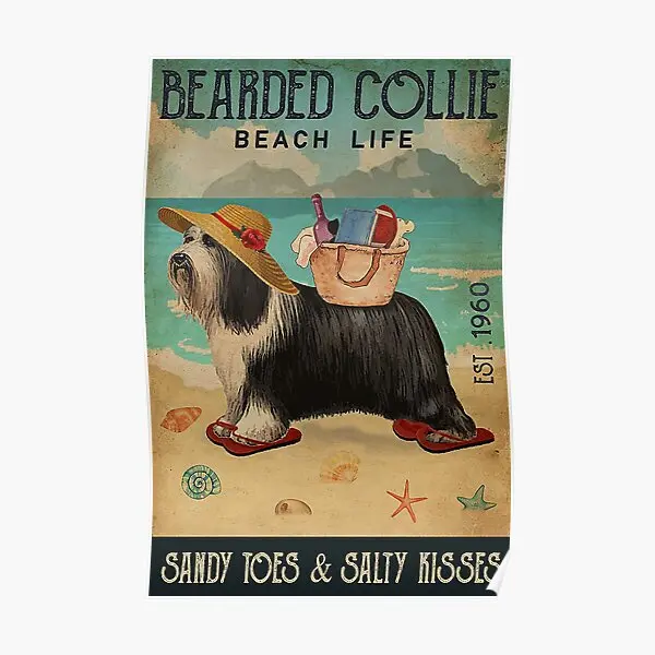 Bearded Collie Dog Beach Life  Poster Painting Picture Home Print Art Funny Modern Vintage Room Decoration Mural Wall No Frame