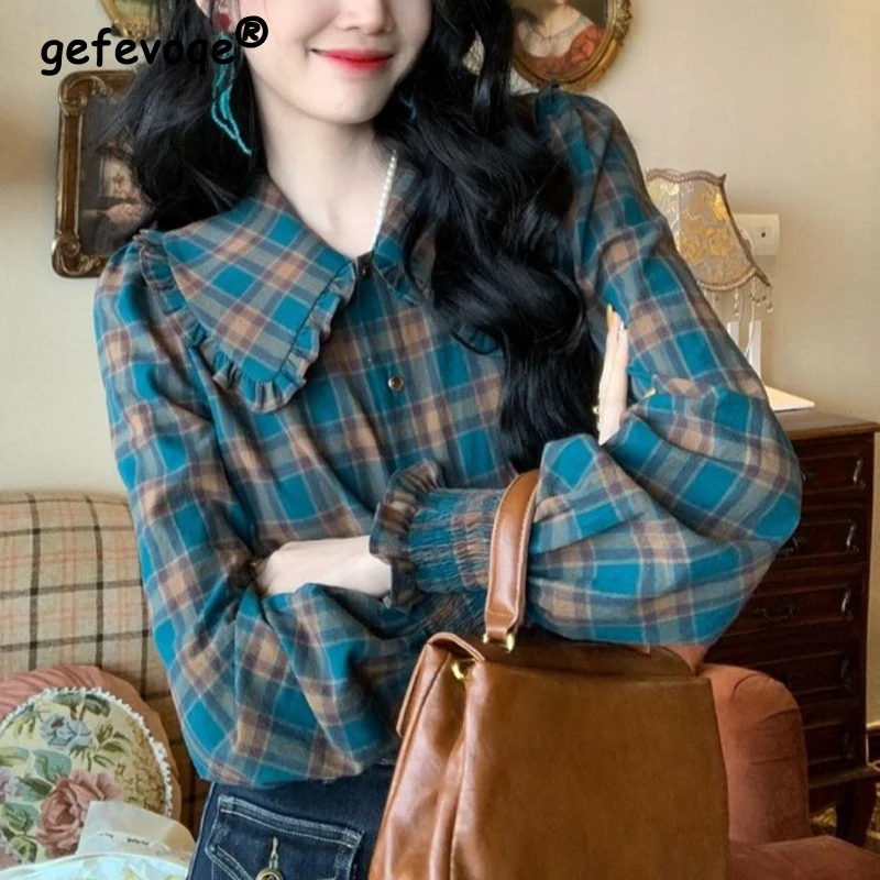 Women Stylish Vintage Plaid Print Sweet Chic Blouses Ruffle Peter Pan Collar Slim Short Shirts Korean Long Sleeve Tops Y2K Blusa