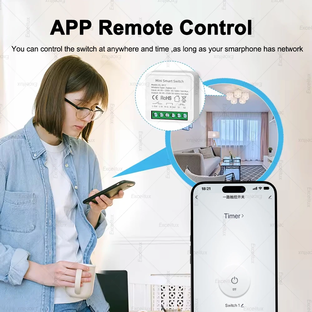 16A ZigBee 3.0 Smart Switch Mini Breaker Smart Home DIY Light Switch Module 2-Way Control Works With Tuya Zigbee Gateway Z2MQTT