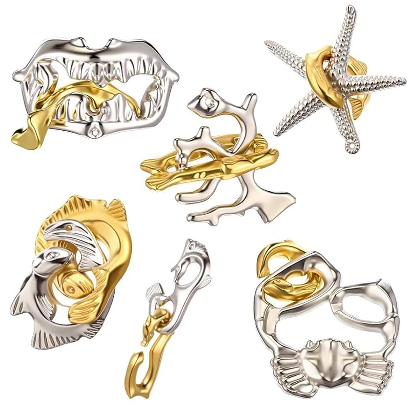 Novelty Ocean Themed Metal Brain Teaser Puzzles Disentanglement IQ Challenge Logical Thinking Educational Toys For Kids & Adults