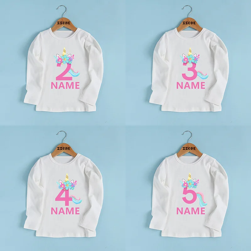 

Birthday Girls T shirt Flower Unicorn Number Print Kids 1 2 3 4 5 6 7 8 9 Years Customize Name T-shirts Baby Long Sleeve Clothes