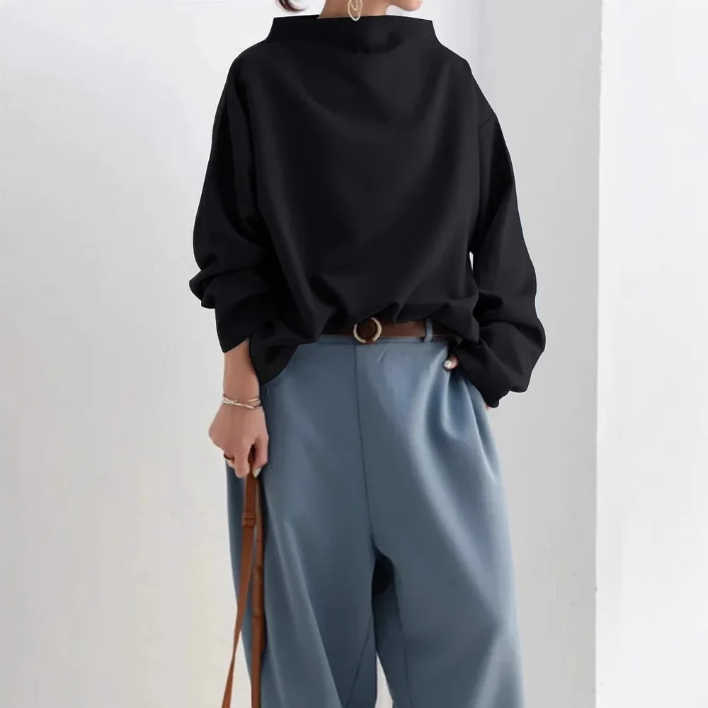 BWQ Lente dames top losse coltrui zwart T-shirt met lange mouwen wit high street trend effen kleur herfst tees voor dames