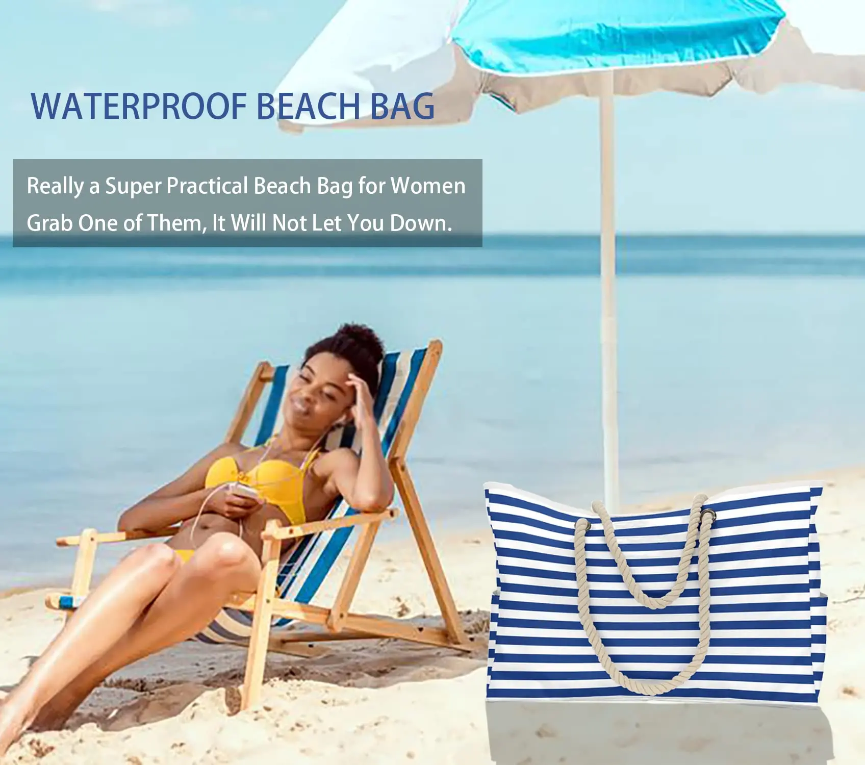 Waterproof Striped Zipper Outer Bag for Outdoor Travel Vacation Sand Resistant Canvas Convenient Folding Beach Bag ﻿ image 6
