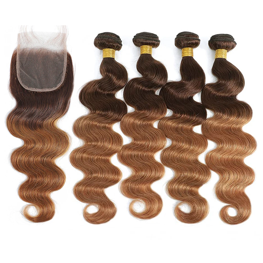 Body Wave Human Hair Bundles ปิดผมบราซิลรวมกลุ่มกับการปิดสี Ombre 3/4 ชุดพร้อม Remy