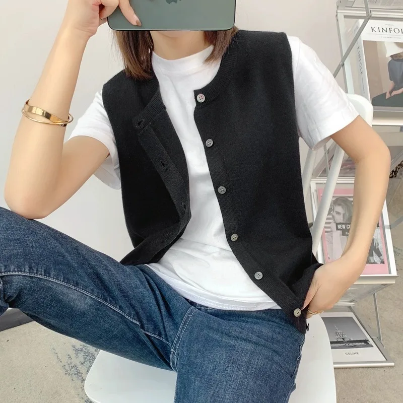 

Ранняя весна, новый женский шерстяной вязаный жилет, круглый однотонный корейский открытый кардиган, верхняя одежда, студенческий жилет