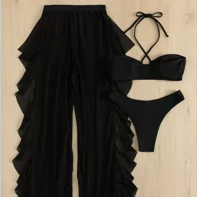 2025 новый сетчатый однотонный сексуальный купальник из трех частей бикини с разрезом и стрингами