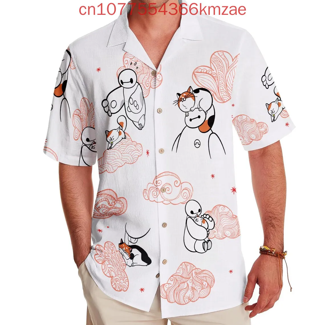 

Summer New Disney Baymax And Cute Cat Clouds Hawaiian Shirt 3D Print Hip Hop Vintage Men Women And Kids Button Short Sleeve Shir