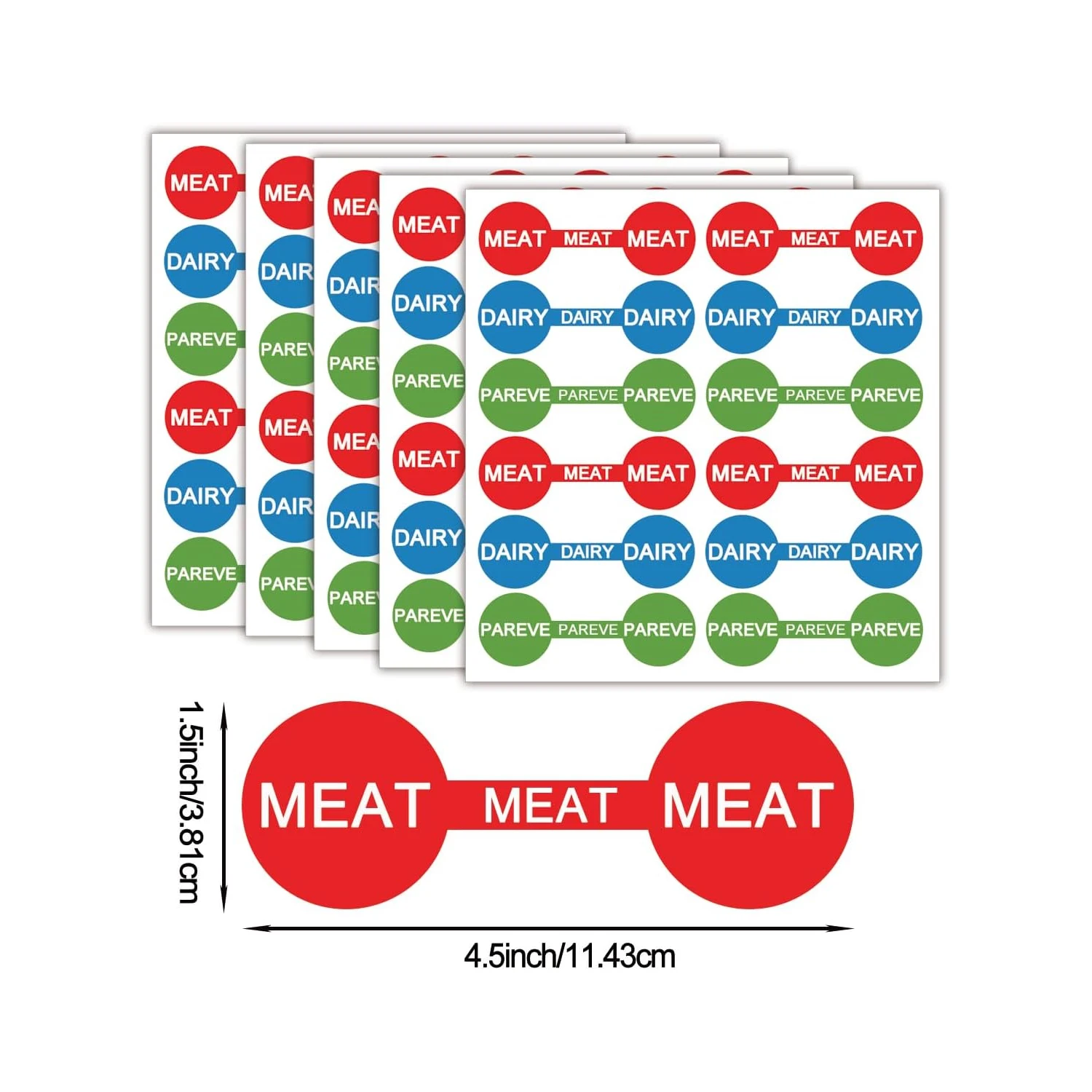 60 Pcs Kosher Labels Meat Dairy Parve Stickers 4.5 * 1.5 inch Blue Dairy Red Meat Green Pareve Stickers Freezable Microwavable