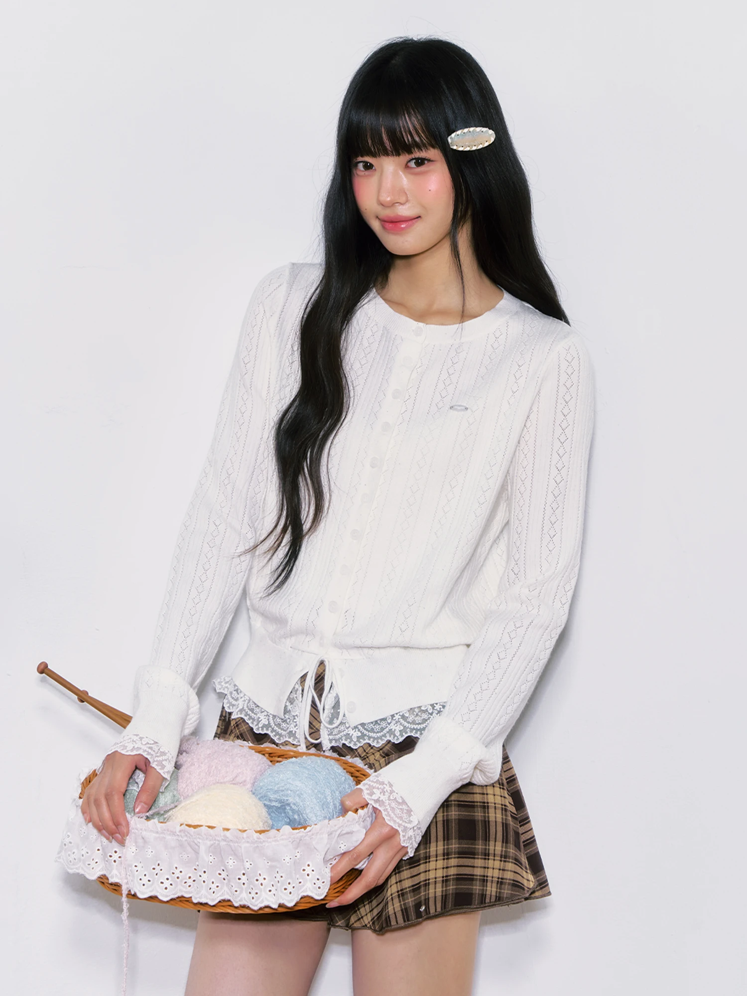 

Wedhub Korean Sle Early Autumn Lace Trim Knitted Open Cardigan Women's New Design Sense White Series Belted Top Outerwear