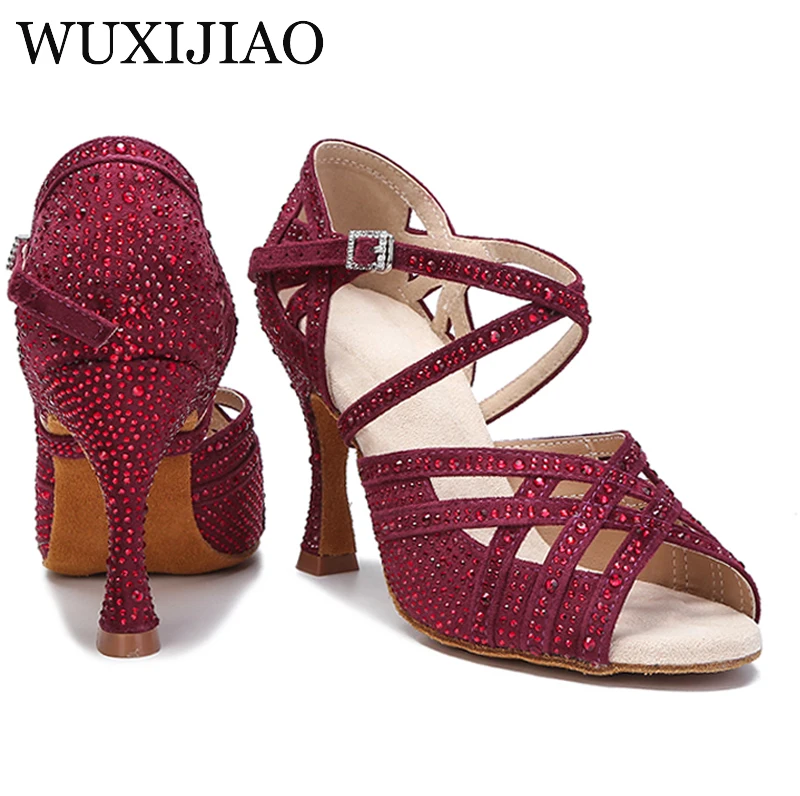 WUXIJIAO New women's dance shoes rhinestone black red green sequin latin party wedding ballroom dance shoes