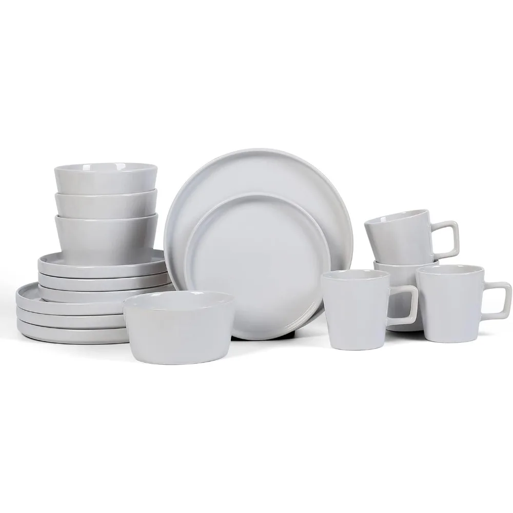 Unbreakable Modern Stoneware 16-Piece Dinnerware Set, Plates and Bowls Sets For 4, Microwave and Dishwasher Safe,White Glossy