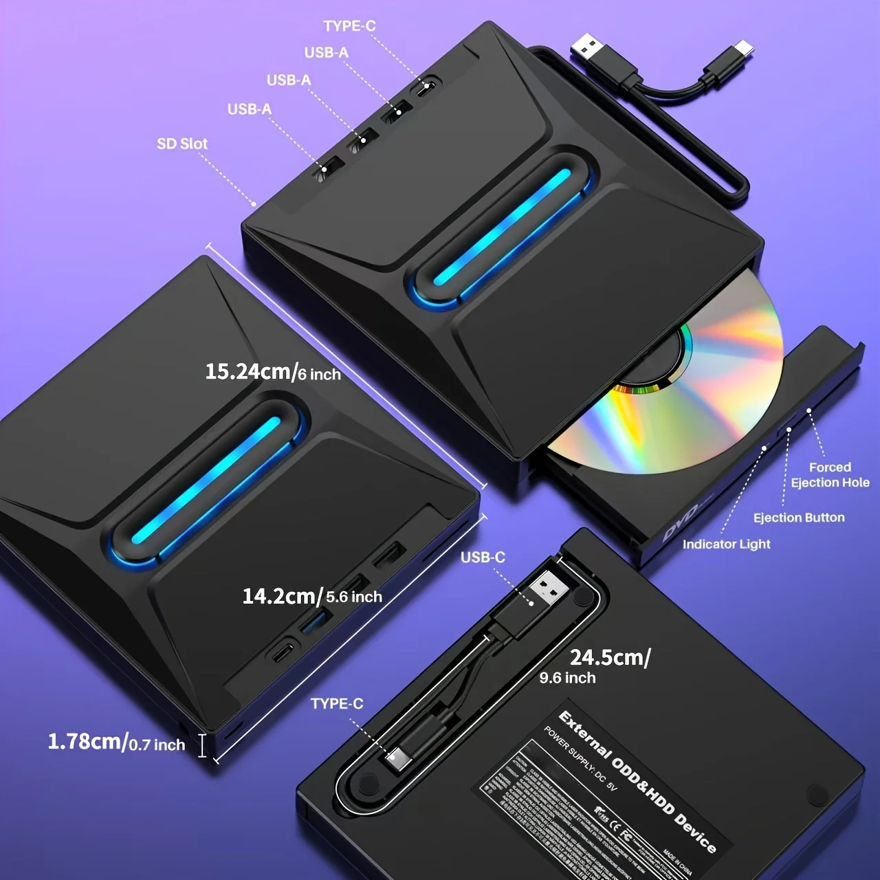 Новый светящийся внешний CD-DVD-привод 3 USB 3.0, портативный концентратор для CD/DVD+/-RW/DVD-плеера типа C со считывателем SD-карт, записывающее устройство для компакт-дисков и ПЗУ