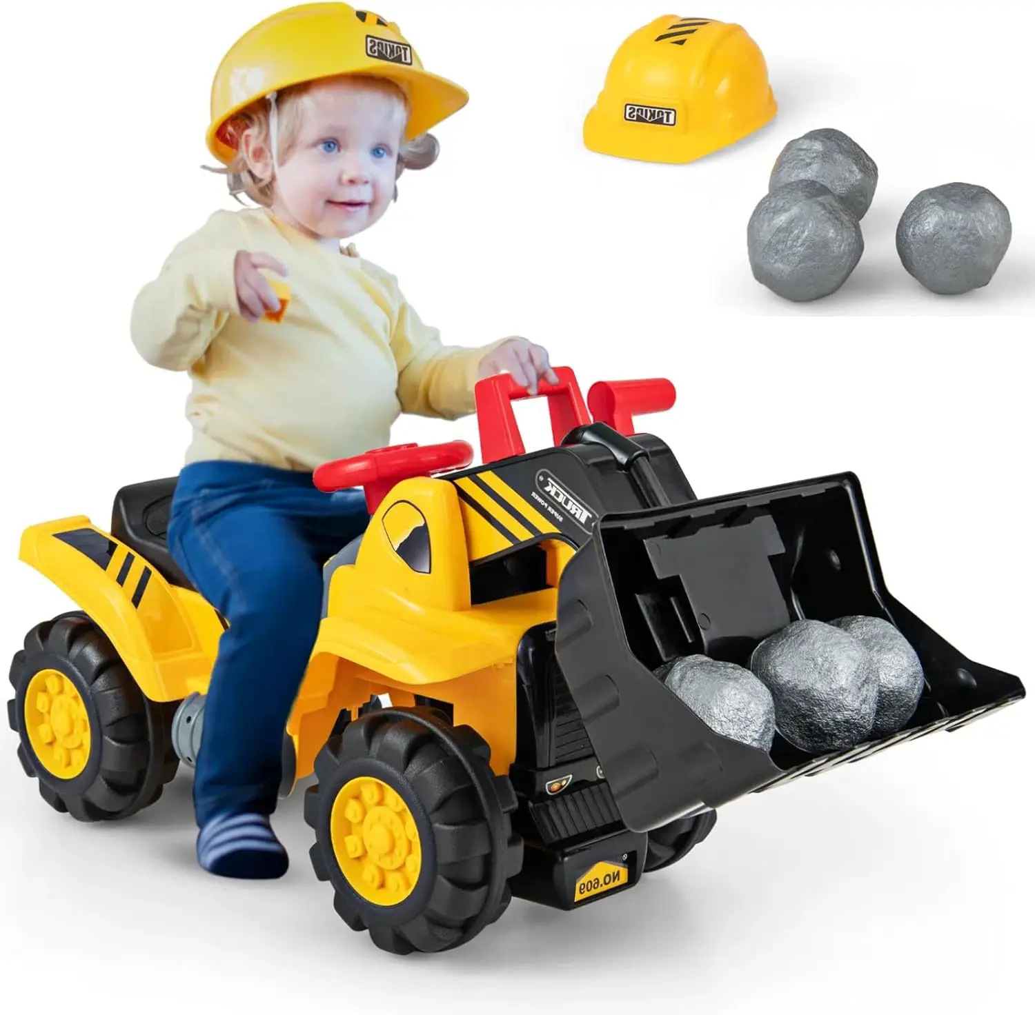 

Ride on Excavator, No Power Ride on Construction Vehicles for Kids, Helmet, 3 Toy Rocks, Adjustable Bucket, Horn, Ride On Loader