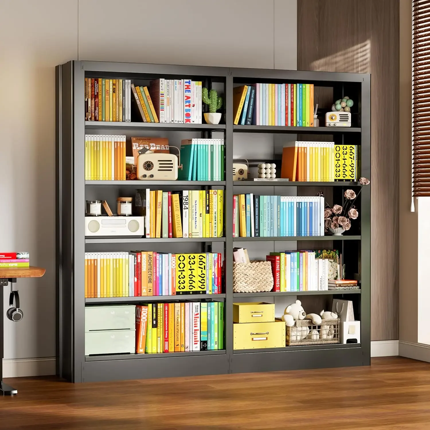 

5-Tier Bookcase with Adjustable Storage Shelves, Metal Bookshelf with Book Stopper, Bookcase Shelf for Library, Living Room