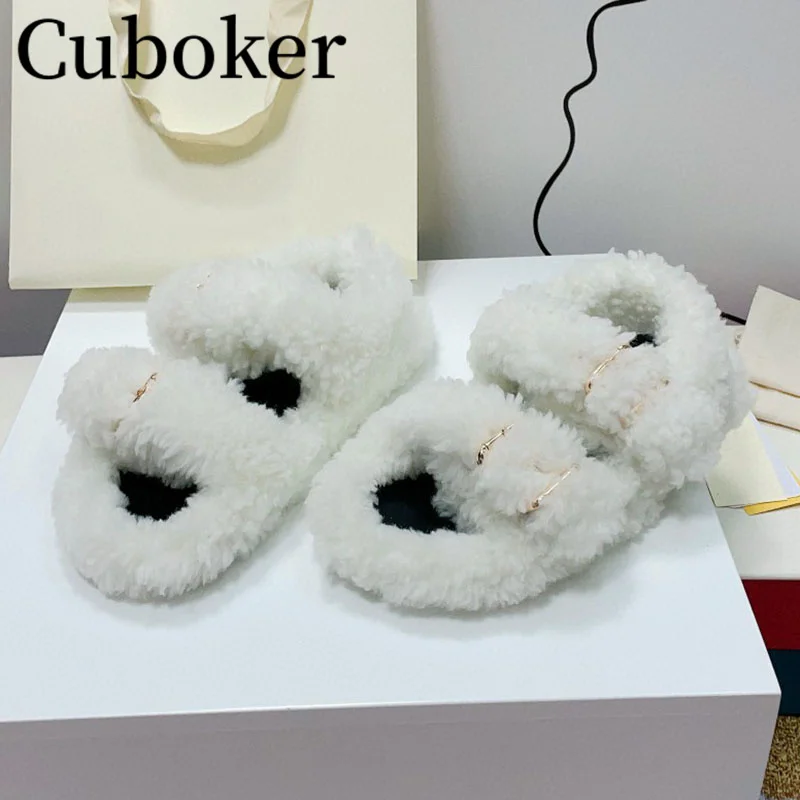 

2024 New Runway Peep Toe Wool Flats Sandals White Fur Shoes Women Flat Outside Wear Mules Casual Sandals Home Shoes for Women