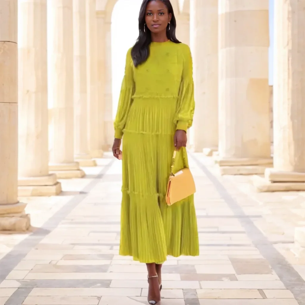 

Miyake Pleated Dress Women's 2025 New Fashion Printed Beaded Round Neck Lantern Sleeve Splicing Loose and Elegant Pleated Skirt