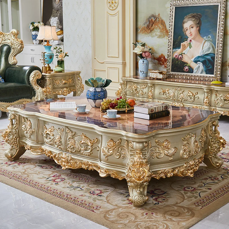 European style villa luxury sofa, coffee table, TV cabinet, square table combination, carved large unit