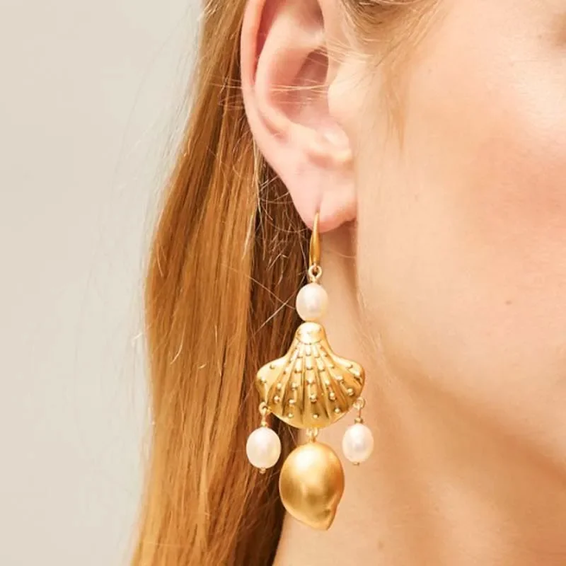 

European and American Retro Fashion Gold-plated Shell Pearl Pendant Earrings Women's Jewelry