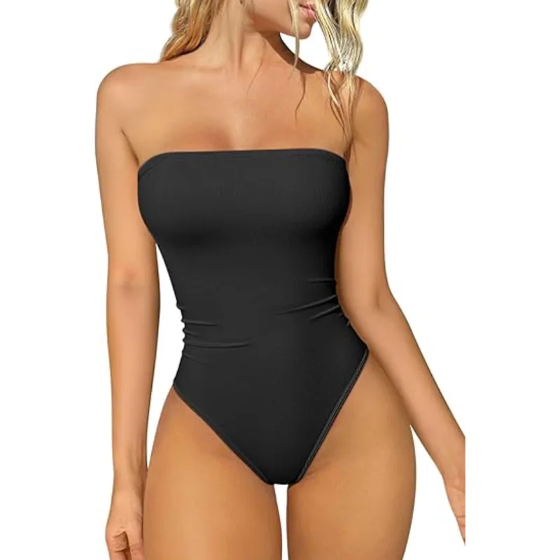 

GUUDIA Ribbed Fitted Stretch Body Go Out Top Control Tube Thong Top Seamless Fit Strapless Shaper Tube Body Top Shaper Suit