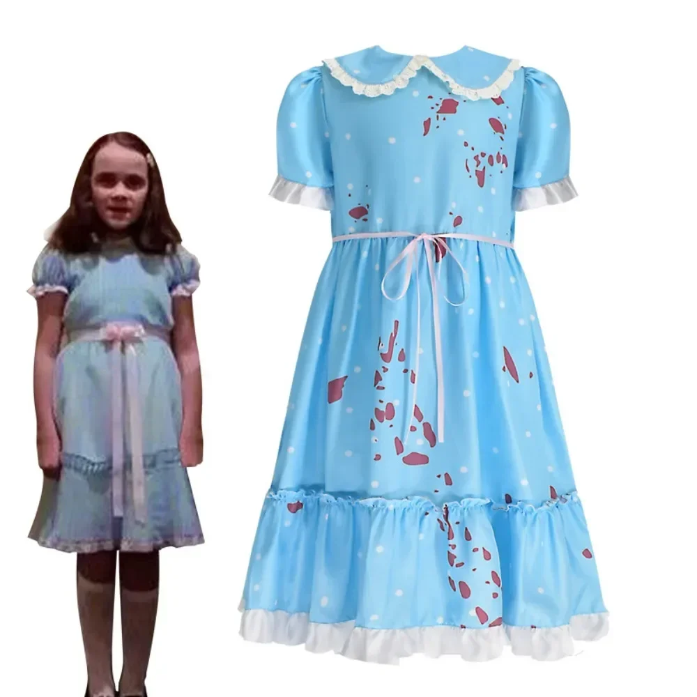 Movie The Shining Grady Twins Cosplay Costume Girls Shining Twins Role Play Dress Kids Creepy Dress Up Uniform Halloween Party