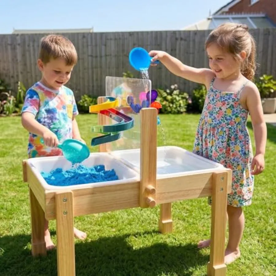 Outdoor sand and water table for toddlers, wooden sensory activity table in natural wood color with painting PS board, collapsi