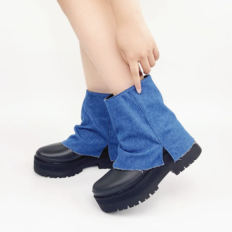 

New Women Fashion Mid-calf PVC Cloth Patchwork Rain Boots Waterproof Rainboots Non-slip Water Shoes Wellies Boots Thick Heels