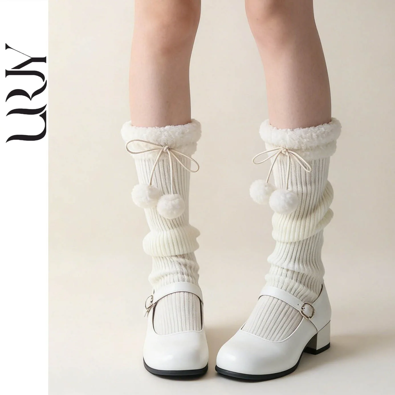 Women Fluffy Pom Pom Knit Leg Warmers, Spring Summer JK Slouchy Mid Calf Socks, White Plush Stacked Calf Socks, Fee shipping