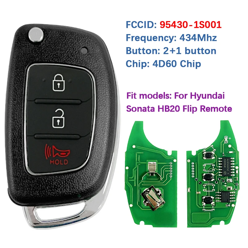 

CN020049 Aftermarket 3 Button Flip Remote Key Fob 4D60 Chip 433Mhz FCC 95430-1S001 For Hyundai HB20 2012-2015