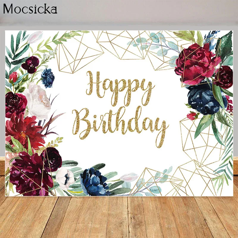 Toile de fond de joyeux anniversaire pour fille, feuilles vertes florales, fond de photographie de fleurs, bannière de décoration de fête d'anniversaire personnalisée