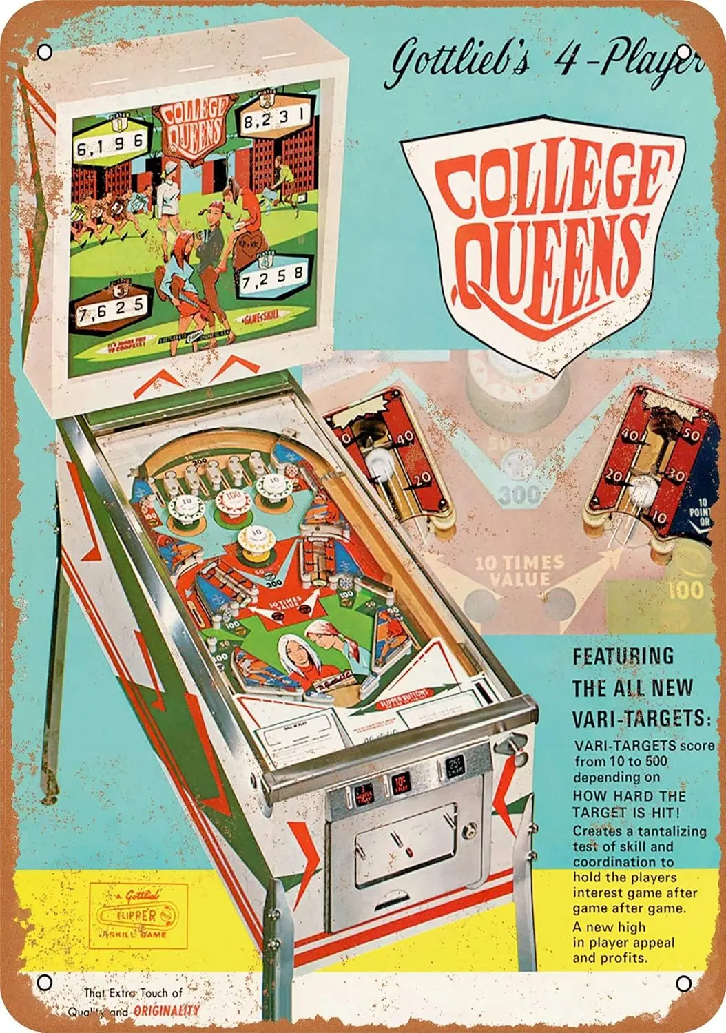 12 x 8 inches Metal Vintage Funny Tin Sign 1969 Gottlieb College Queens Pinball