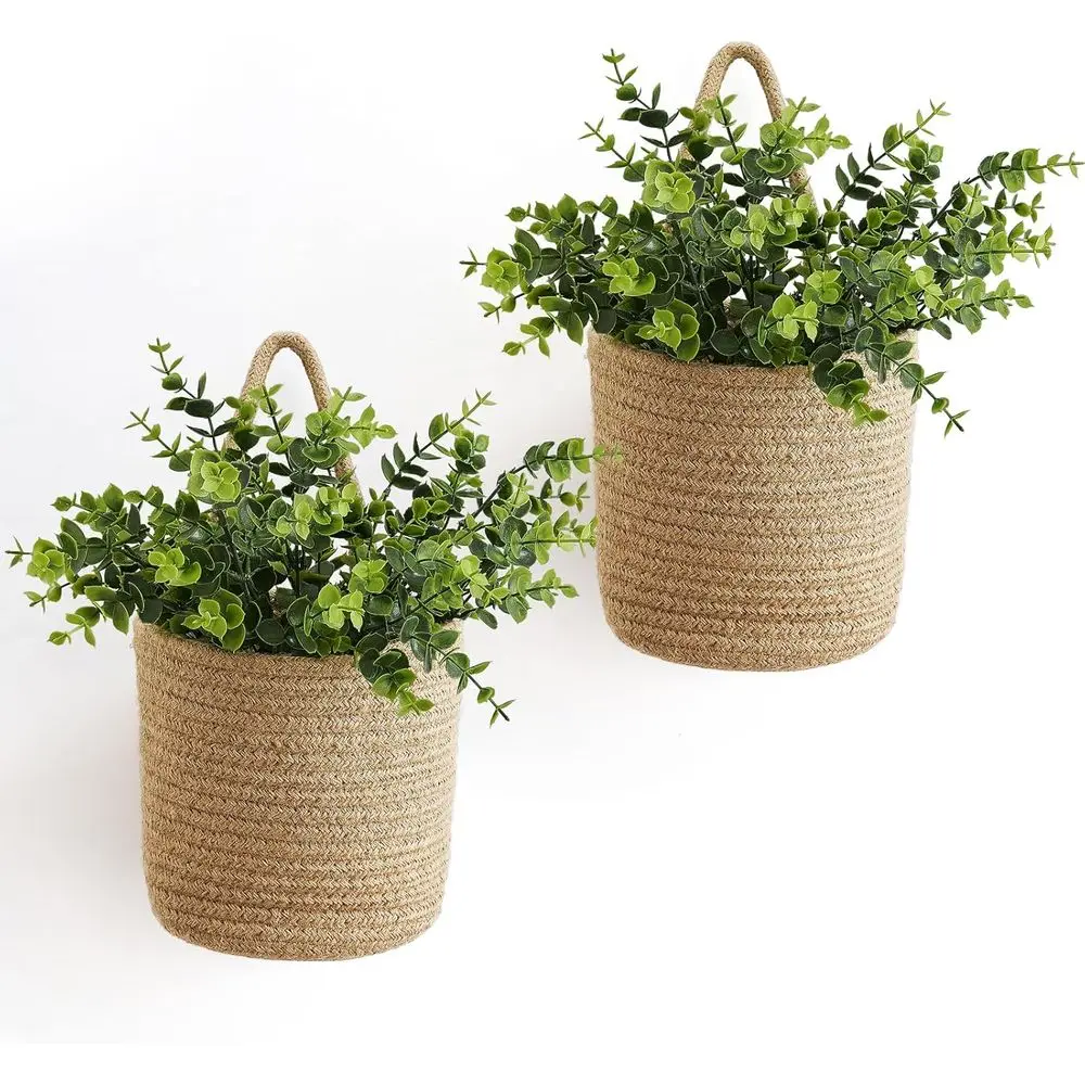 Rustic Jute Woven Wall Basket for Plants and Storage, Artificial Eucalyptus Included, Brown