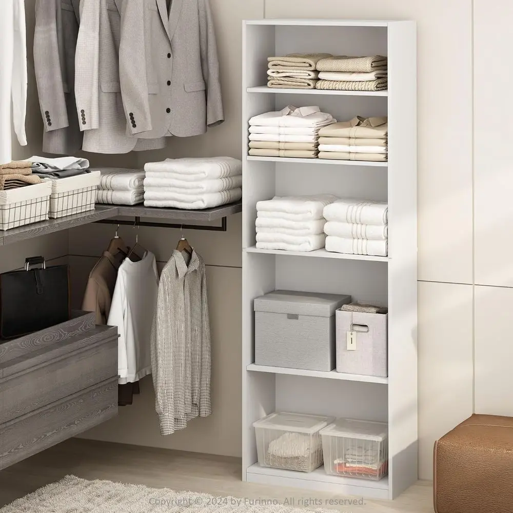 

5-Tier Open Shelving Closet Organizer, Storage Solution for Bedrooms, Living Rooms, White